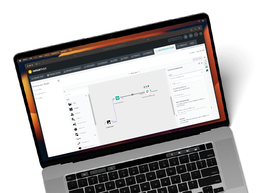 Journey Builder Product Detail on laptop tilted animated Orchestration Studio by Impartner